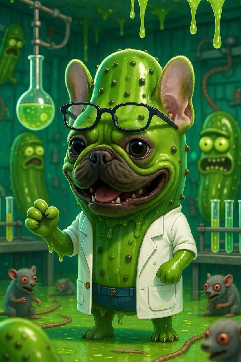 “Mad Scientist Pickle French Bulldog Hoodie – Green Slime Lab Cartoon Sweatshirt”.