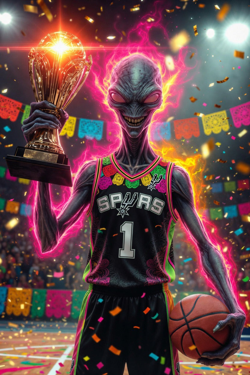 Fiesta Alien Spurs Champion T-Shirt – San Antonio NBA Vibrant Graphic Tee
